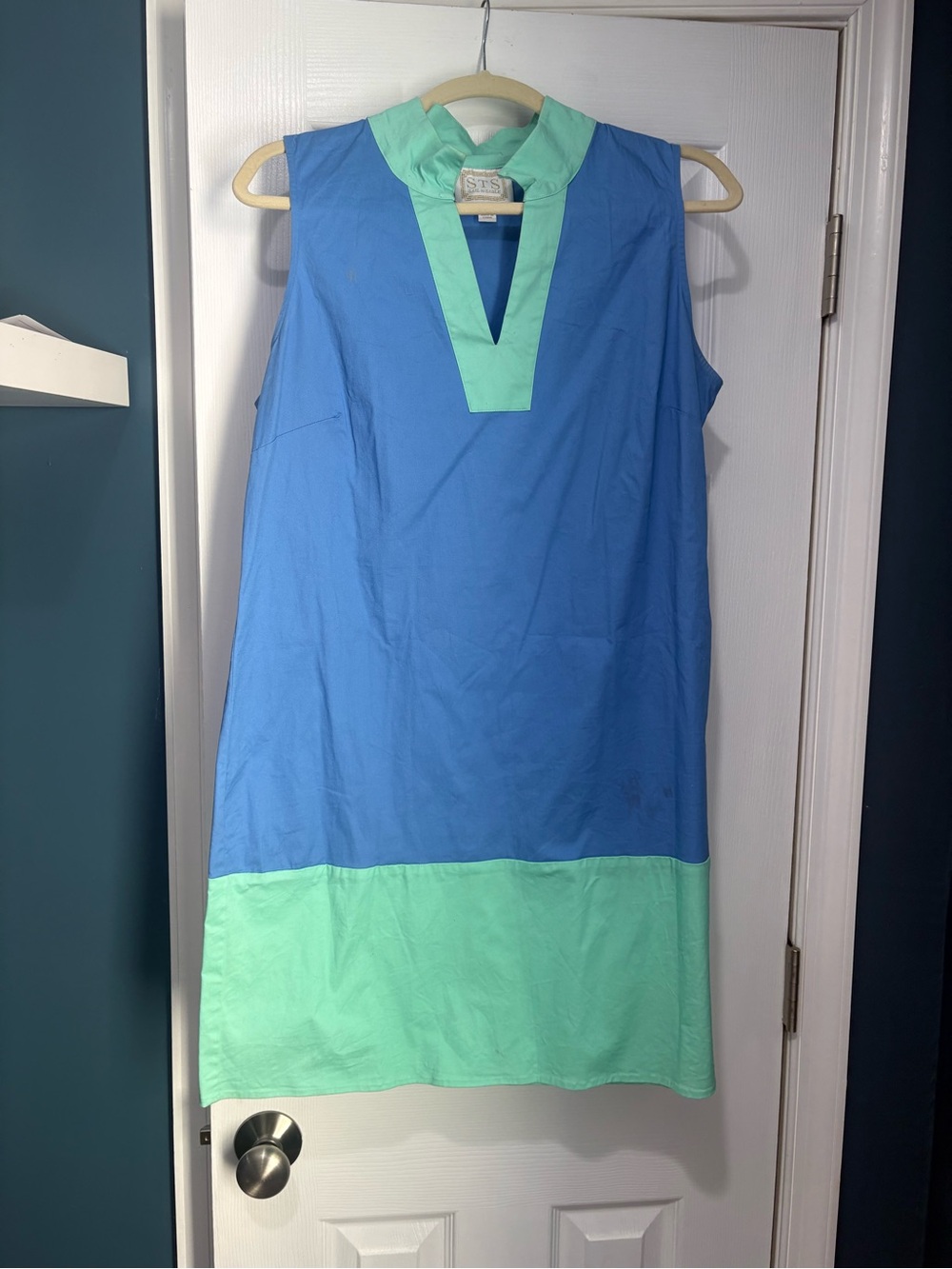 Sail to Sable Blue and Mint V-Notch Sleeveless Shift Dress